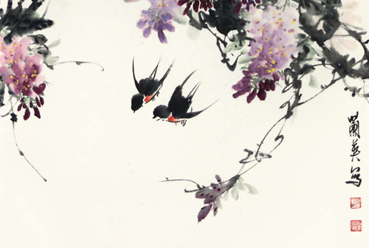 吴兰英 花鸟> 国画 花鸟画 水墨写意 燕子 紫藤 斗方